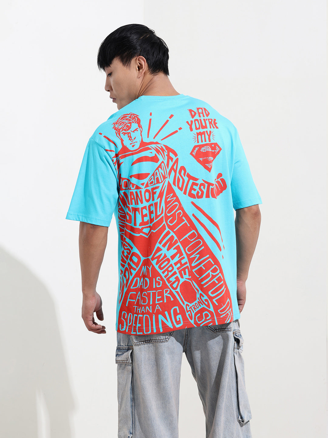 Men's Blue Boxy Fit Character Superman Printed Crew Neck T-Shirt