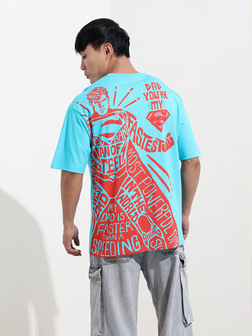 Men's Blue Boxy Fit Character Superman Printed Crew Neck T-Shirt