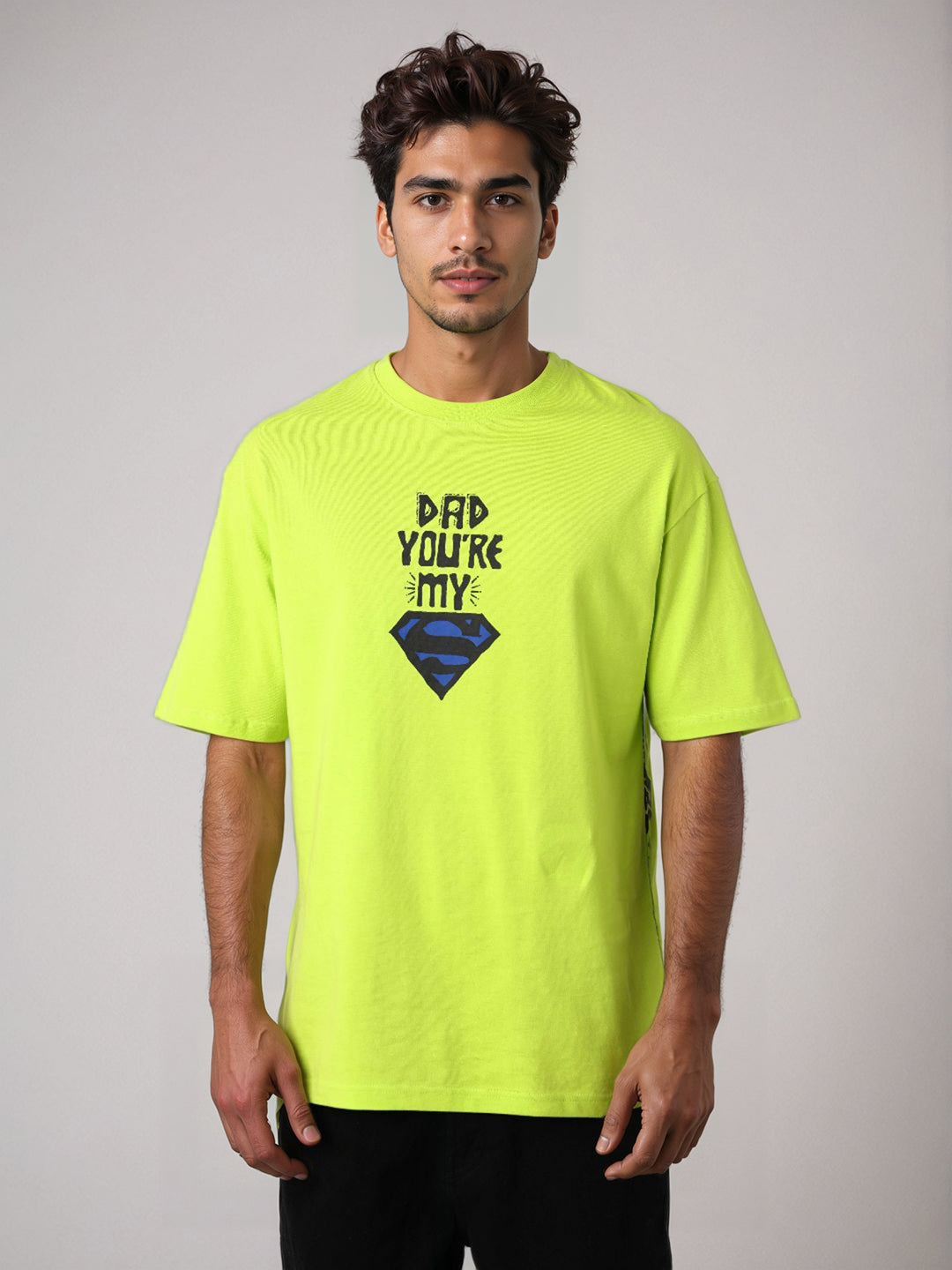 Men's Green Boxy Fit Character Superman Printed Crew Neck T-Shirt
