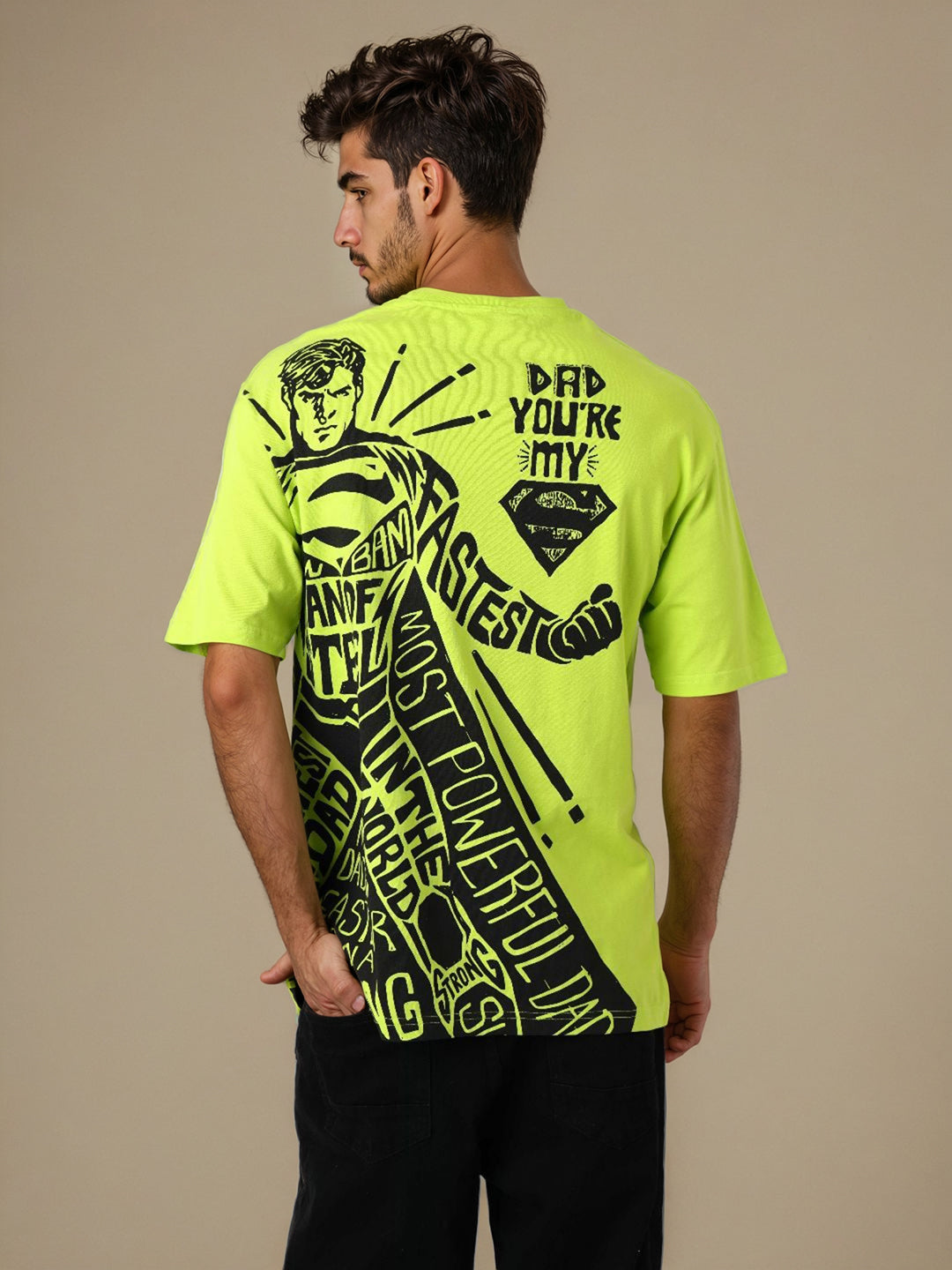 Men's Green Boxy Fit Character Superman Printed Crew Neck T-Shirt