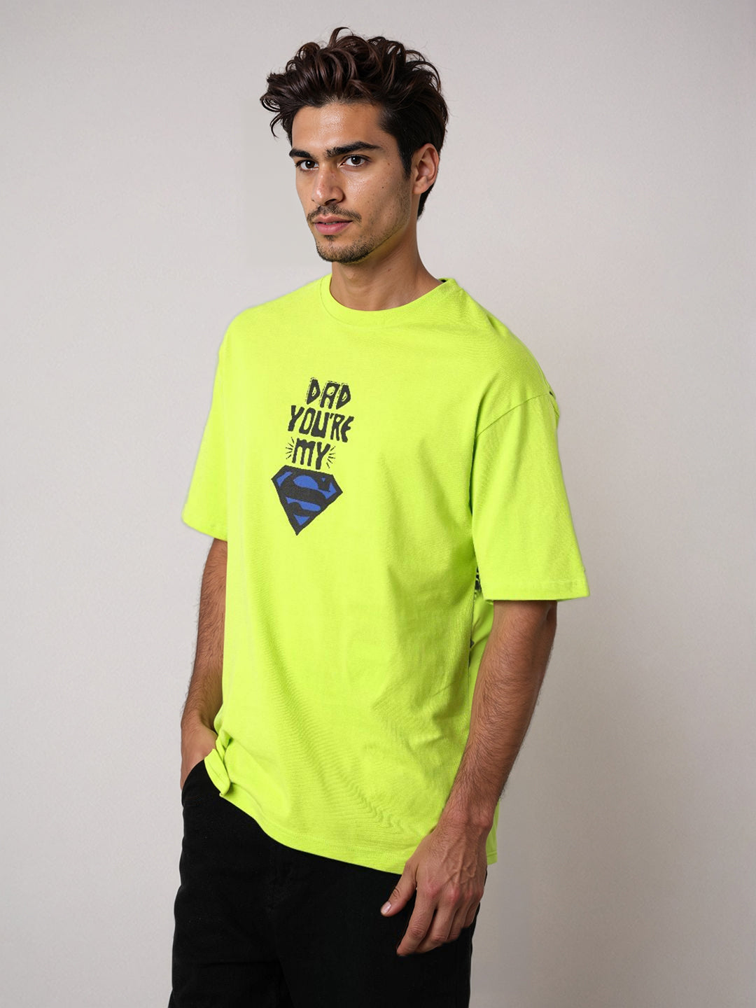 Men's Green Boxy Fit Character Superman Printed Crew Neck T-Shirt