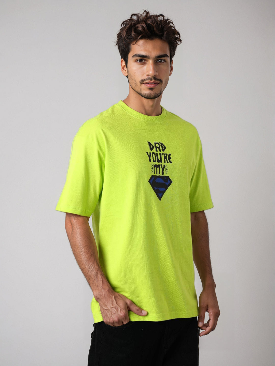 Men's Green Boxy Fit Character Superman Printed Crew Neck T-Shirt