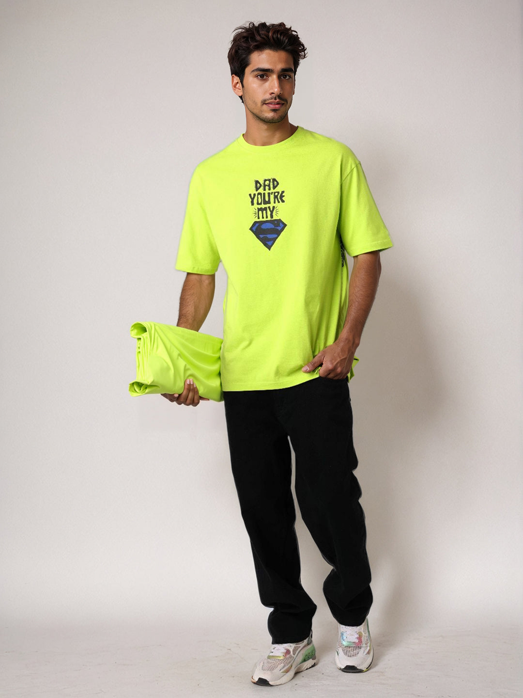 Men's Green Boxy Fit Character Superman Printed Crew Neck T-Shirt