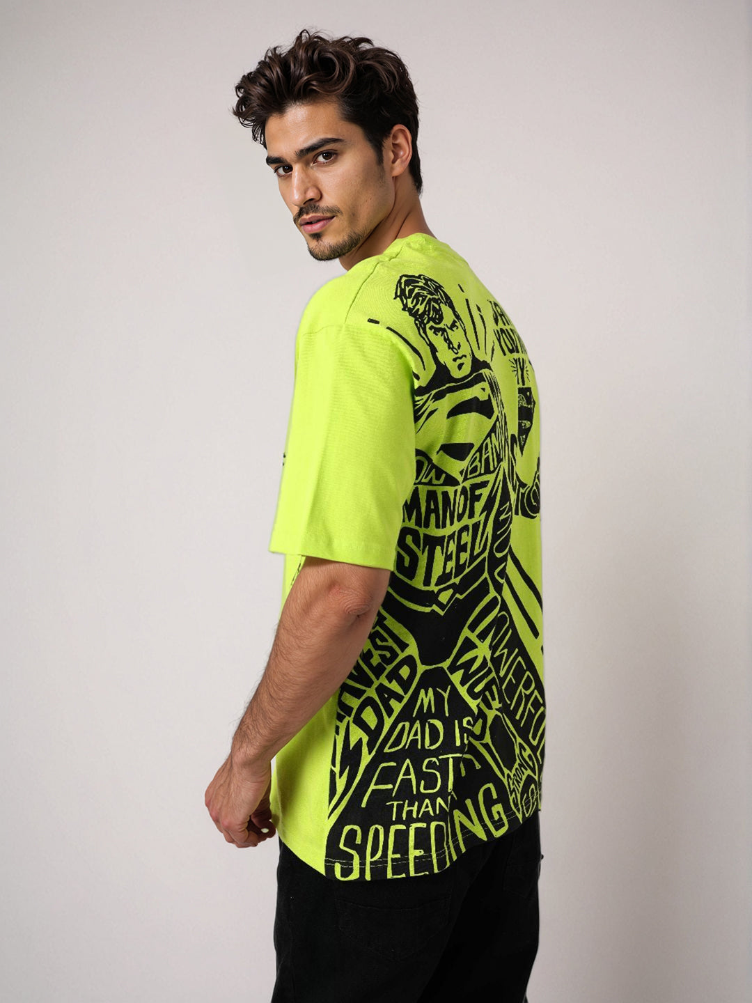 Men's Green Boxy Fit Character Superman Printed Crew Neck T-Shirt
