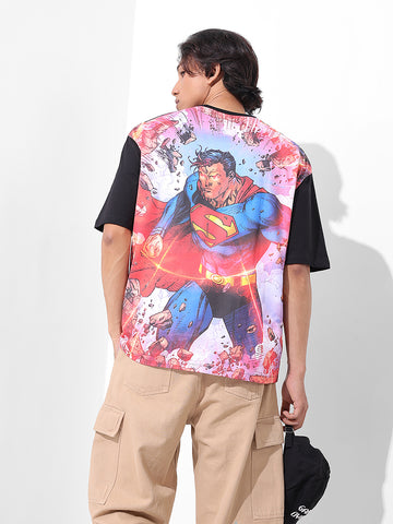 Men's Black Boxy Fit Character Superman Printed Crew Neck T-Shirt