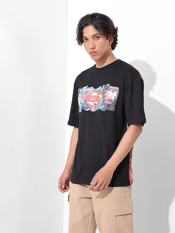 Men's Black Boxy Fit Character Superman Printed Crew Neck T-Shirt