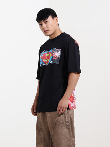Men's Black Boxy Fit Character Superman Printed Crew Neck T-Shirt