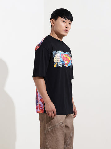Men's Black Boxy Fit Character Superman Printed Crew Neck T-Shirt