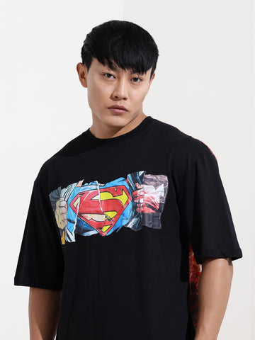 Men's Black Boxy Fit Character Superman Printed Crew Neck T-Shirt