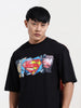 Men's Black Boxy Fit Character Superman Printed Crew Neck T-Shirt