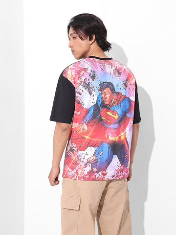 Men's Black Boxy Fit Character Superman Printed Crew Neck T-Shirt
