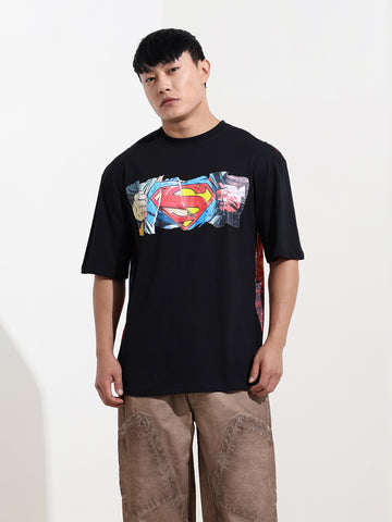 Men's Black Boxy Fit Character Superman Printed Crew Neck T-Shirt