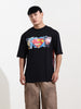 Men's Black Boxy Fit Character Superman Printed Crew Neck T-Shirt