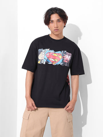Men's Black Boxy Fit Character Superman Printed Crew Neck T-Shirt