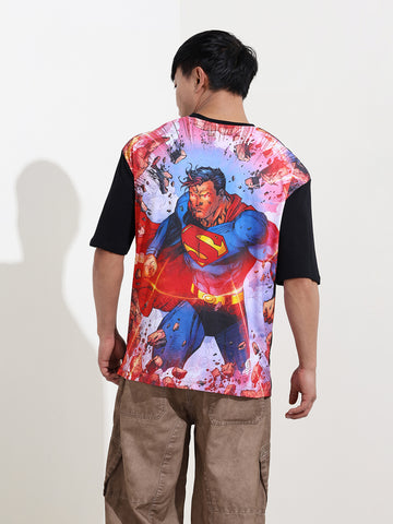 Men's Black Boxy Fit Character Superman Printed Crew Neck T-Shirt