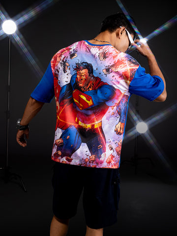 Men's Blue Boxy Fit Character Superman Printed Crew Neck T-Shirt