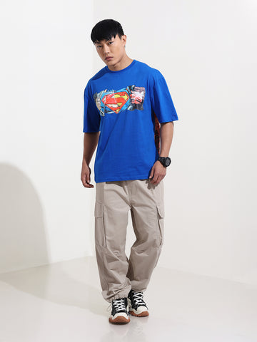 Men's Blue Boxy Fit Character Superman Printed Crew Neck T-Shirt