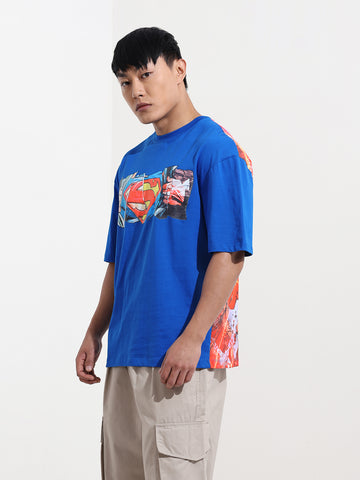 Men's Blue Boxy Fit Character Superman Printed Crew Neck T-Shirt