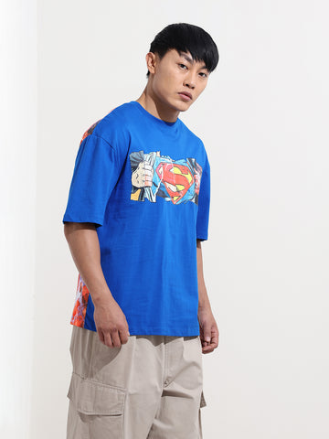 Men's Blue Boxy Fit Character Superman Printed Crew Neck T-Shirt