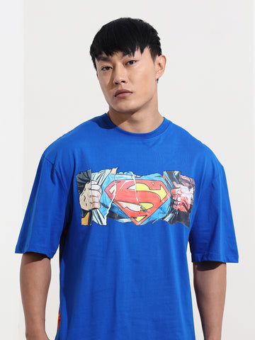 Men's Blue Boxy Fit Character Superman Printed Crew Neck T-Shirt