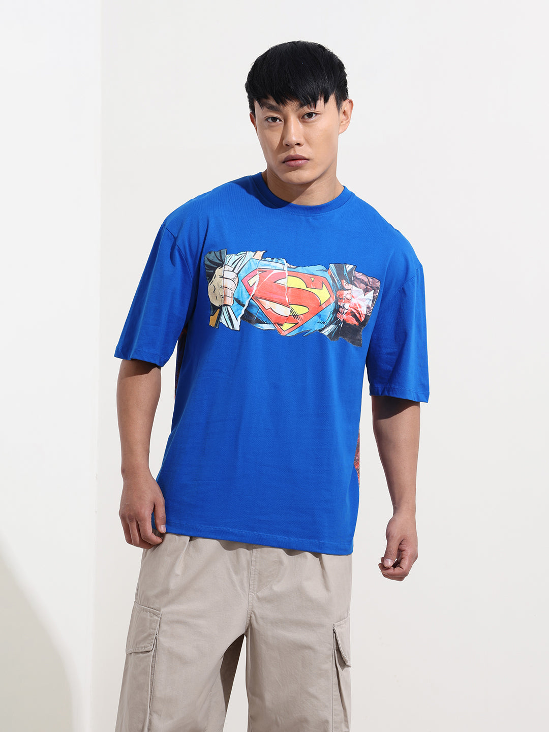 Men's Blue Boxy Fit Character Superman Printed Crew Neck T-Shirt