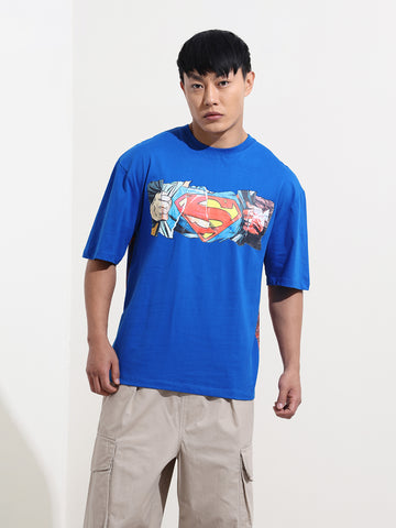 Men's Blue Boxy Fit Character Superman Printed Crew Neck T-Shirt