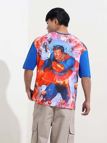 Men's Blue Boxy Fit Character Superman Printed Crew Neck T-Shirt