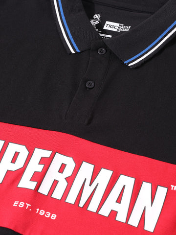 Men's Black Regular Fit Solid Superman Character T-Shirt