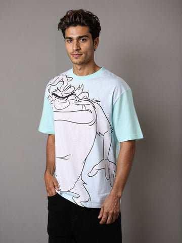 Men's Blue Boxy Fit Character Looney Tunes  Printed Crew Neck T-Shirt