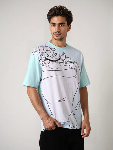 Men's Blue Boxy Fit Character Looney Tunes  Printed Crew Neck T-Shirt