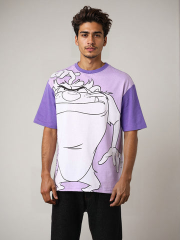 Men's Purple Boxy Fit Character Looney Tunes  Printed Crew Neck T-Shirt