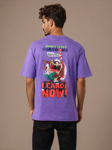 Men's Purple Boxy Fit Character Looney Tunes  Printed Crew Neck T-Shirt