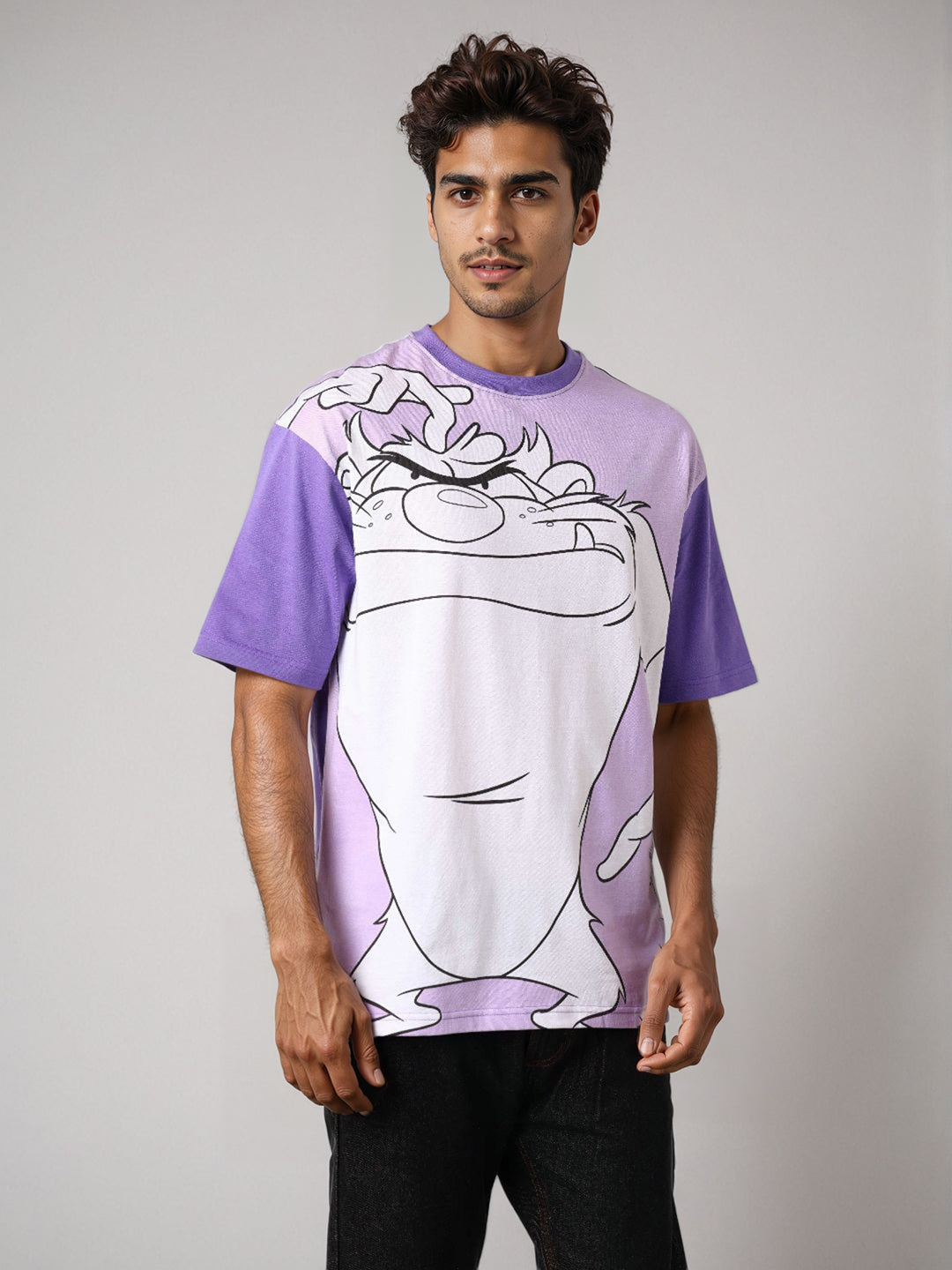 Men's Purple Boxy Fit Character Looney Tunes  Printed Crew Neck T-Shirt