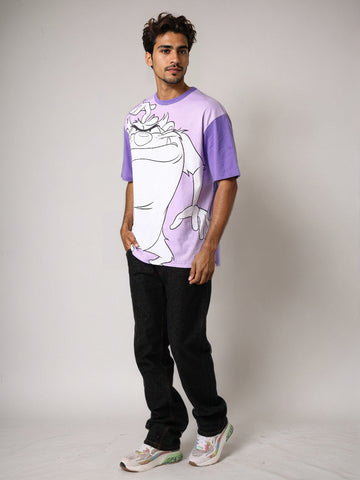 Men's Purple Boxy Fit Character Looney Tunes  Printed Crew Neck T-Shirt