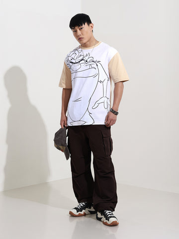 Men's Beige Boxy Fit Character Looney Tunes  Printed Crew Neck T-Shirt