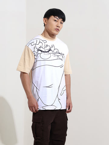 Men's Beige Boxy Fit Character Looney Tunes  Printed Crew Neck T-Shirt