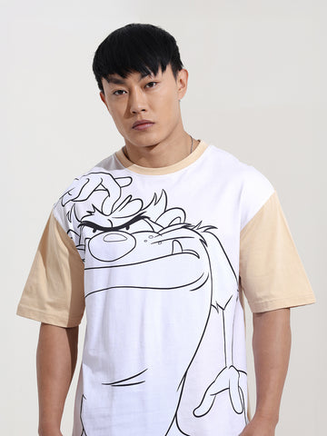 Men's Beige Boxy Fit Character Looney Tunes  Printed Crew Neck T-Shirt