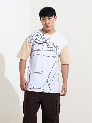 Men's Beige Boxy Fit Character Looney Tunes  Printed Crew Neck T-Shirt