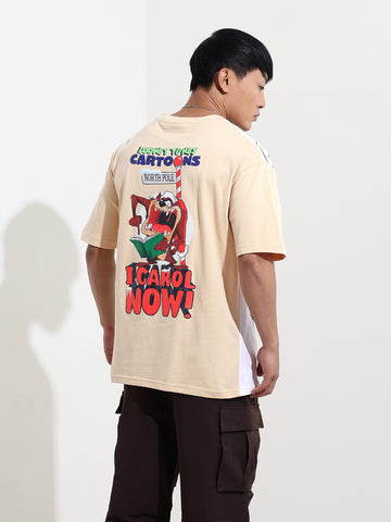 Men's Beige Boxy Fit Character Looney Tunes  Printed Crew Neck T-Shirt