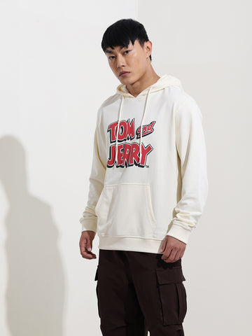 Men's White Regular Fit Character Tom & Jerry Printed Sweatshirt