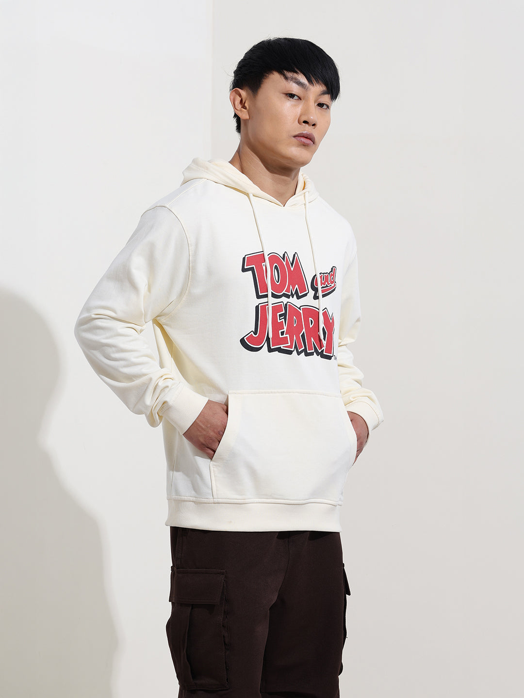 Men's White Regular Fit Character Tom & Jerry Printed Sweatshirt
