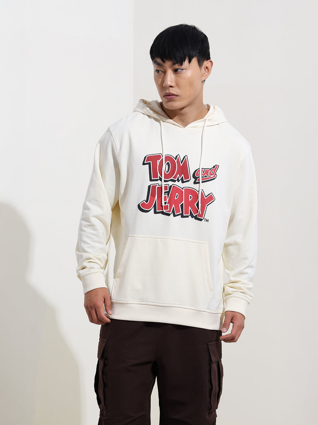 Men's White Regular Fit Character Tom & Jerry Printed Sweatshirt