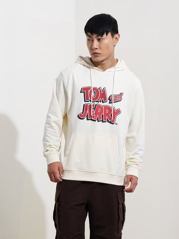 Men's White Regular Fit Character Tom & Jerry Printed Sweatshirt