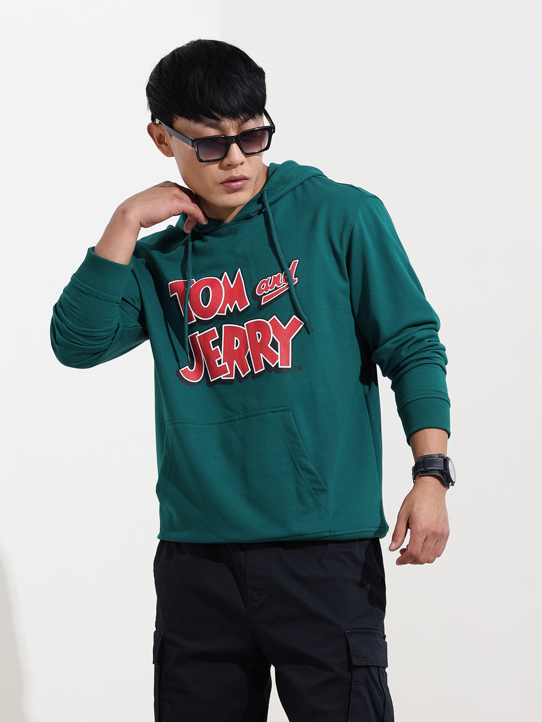 Men's Green Regular Fit Character Tom & Jerry Printed Sweatshirt