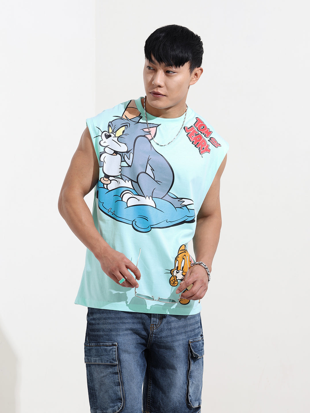 Men's Blue Oversized Tom&Jerry Character Merchandise T-Shirt