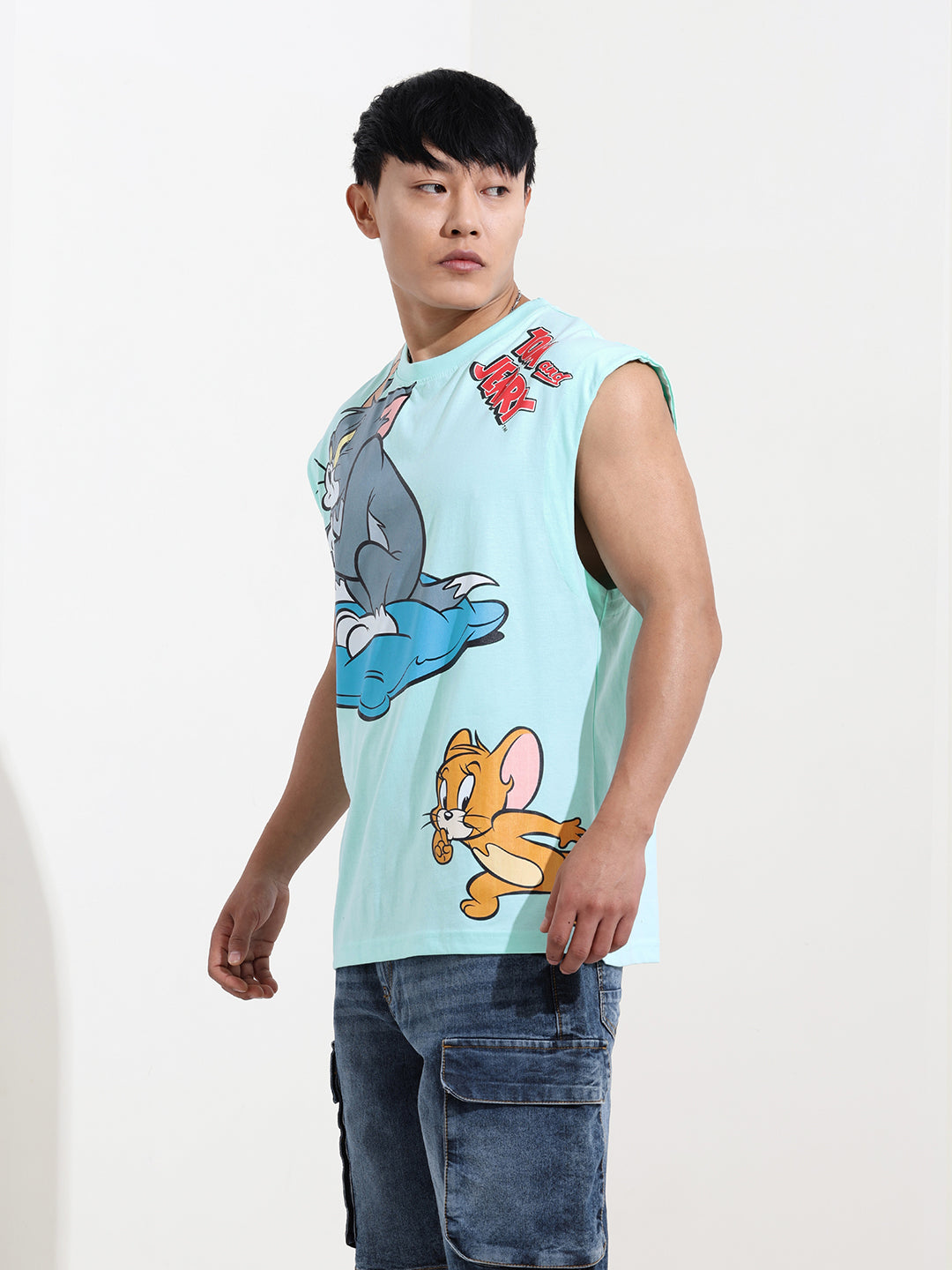 Men's Blue Oversized Tom&Jerry Character Merchandise T-Shirt