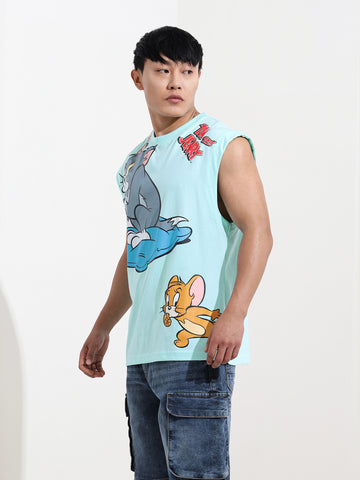 Men's Blue Oversized Tom&Jerry Character Merchandise T-Shirt
