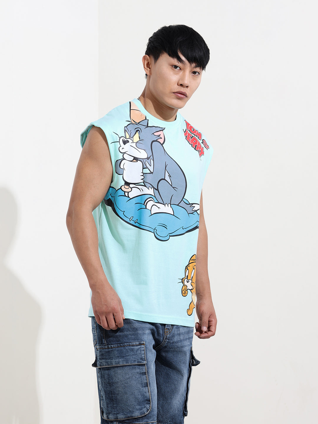 Men's Blue Oversized Tom&Jerry Character Merchandise T-Shirt