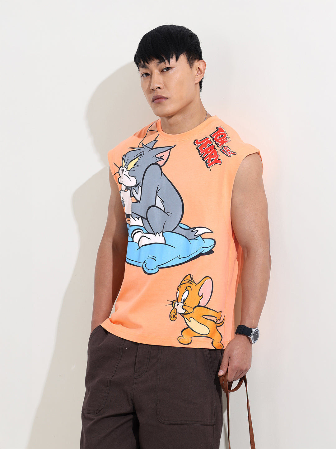 Men's Orange Oversized Fit Tom & Jerry Character T-Shirt
