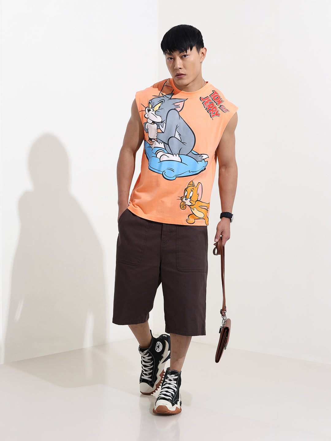 Men's Orange Oversized Fit Tom & Jerry Character T-Shirt